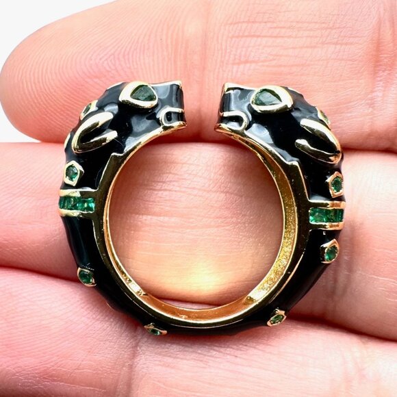 Cheetah Panther Ring Black Enamel Green Rhinestone Gold Plated Adjustable Size - Picture 2 of 7
